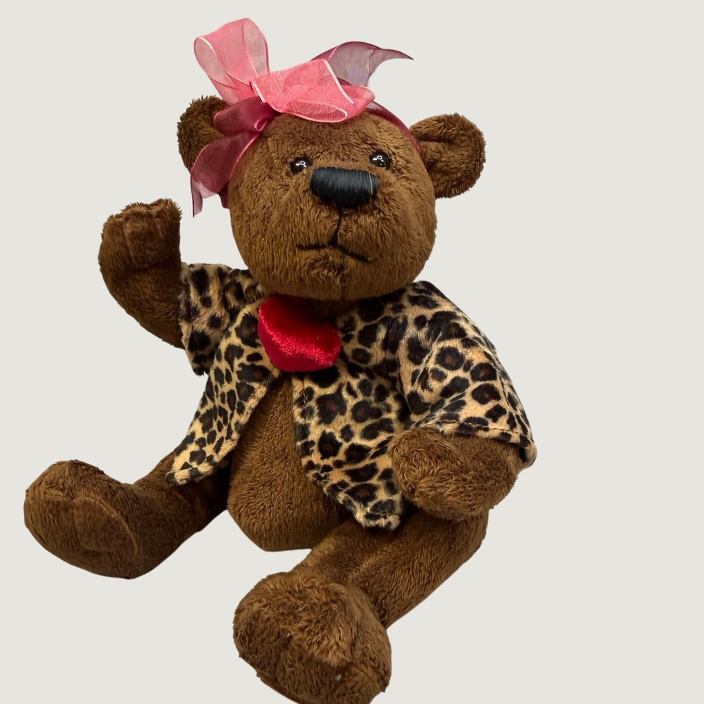 Dan Dee Collectors Choice Brown Teddy Bear Leopard Print Jacket Pink Bow 8 Inch